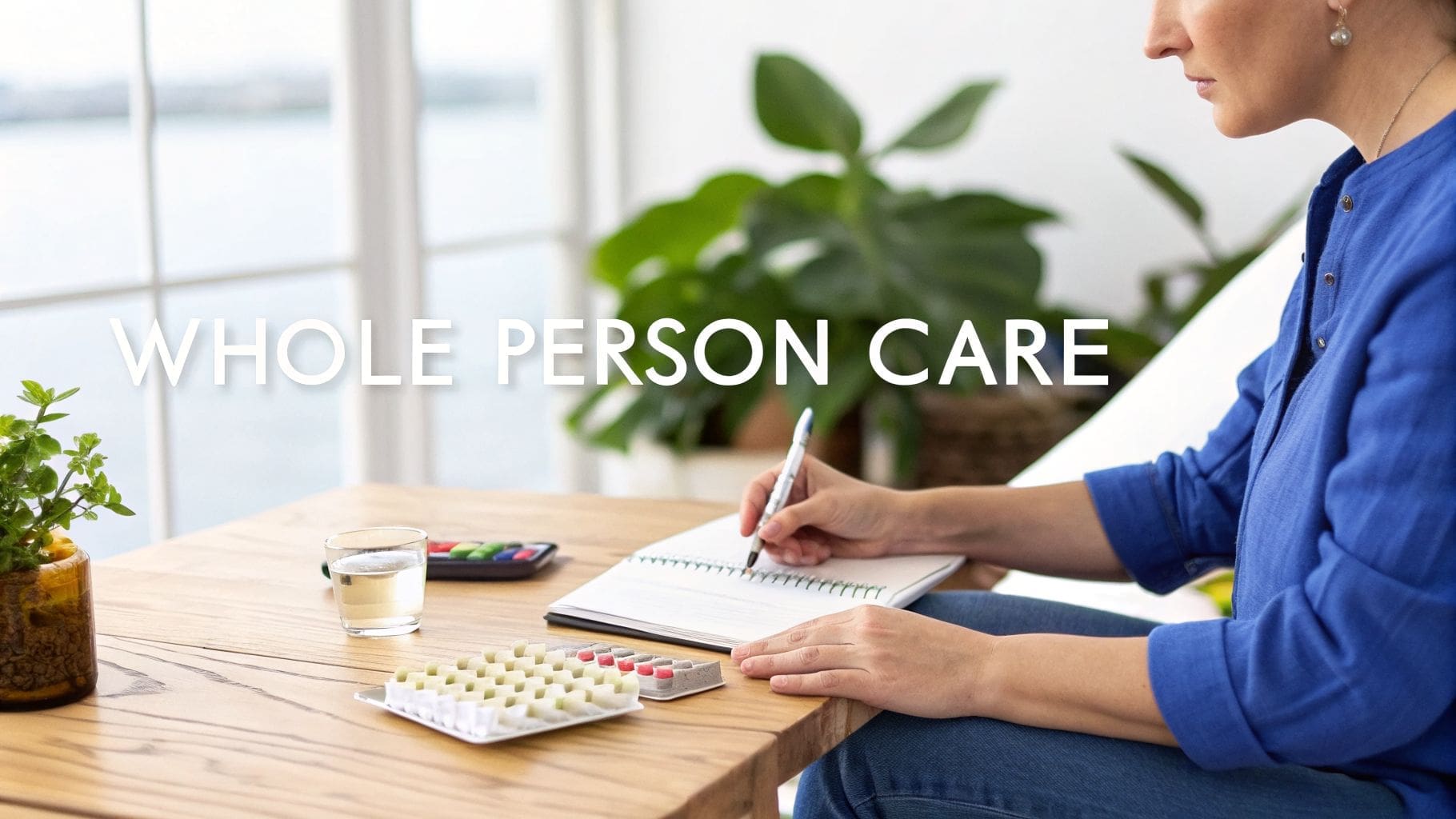 Person writing in a notebook at a table with health supplements and water, promoting whole person care.