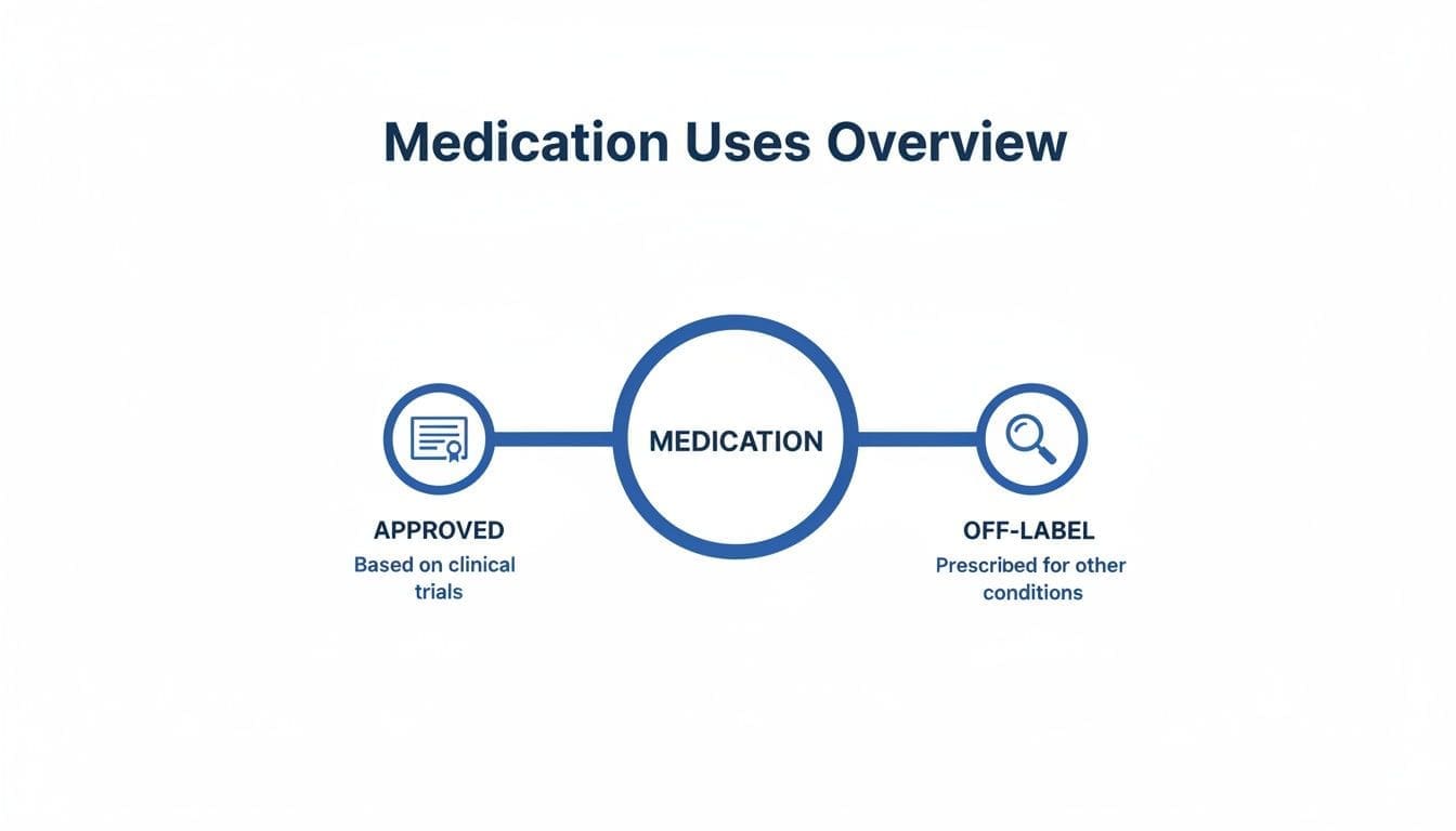 Overview of medication uses, distinguishing between approved uses based on trials and off-label prescriptions.