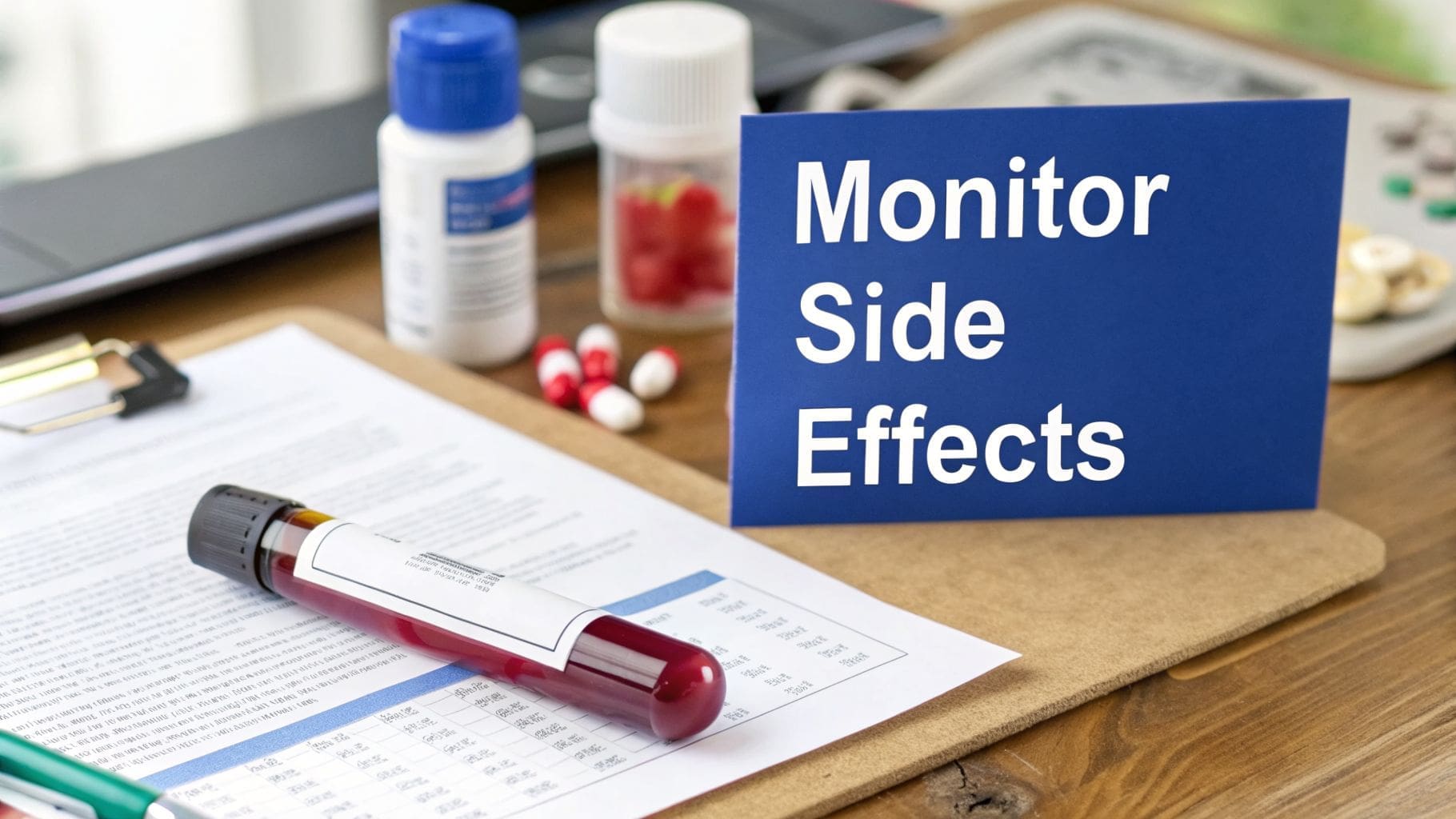 A medical desk with a blood sample tube, pills, documents, and a sign reading 'Monitor Side Effects'.