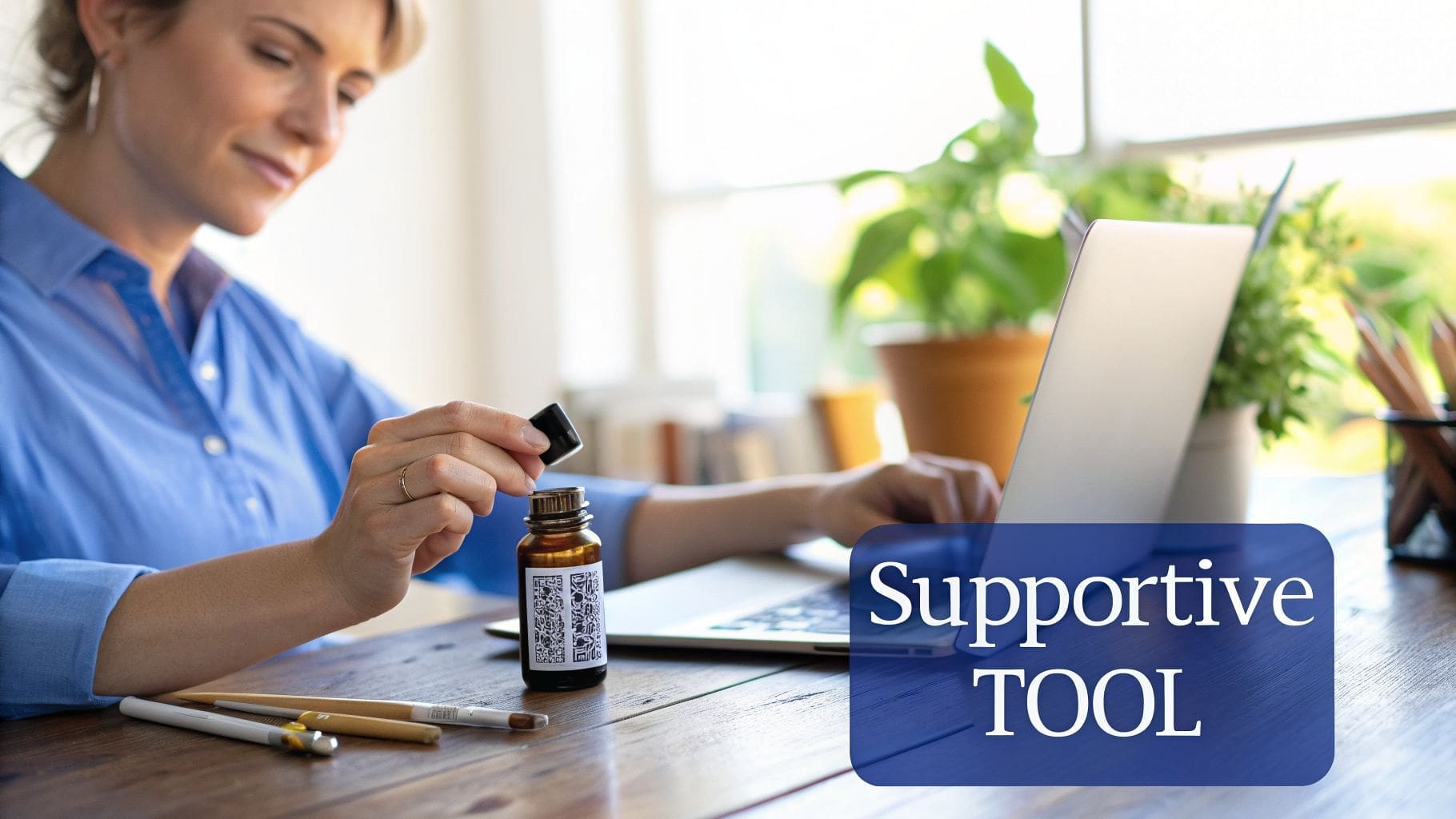 A woman using essential oils from a dropper bottle while working on a laptop at her desk.
