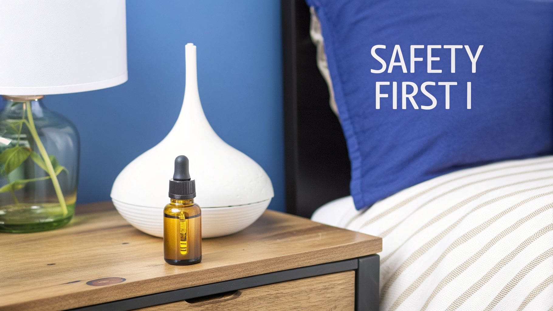 Essential oil dropper bottle and white diffuser on a wooden bedside table, promoting home wellness and safety.