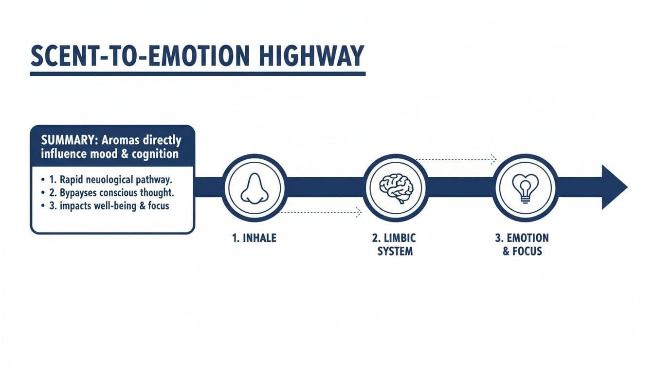 Infographic illustrating the 'Scent-to-Emotion Highway,' detailing how aromas influence mood and cognition.