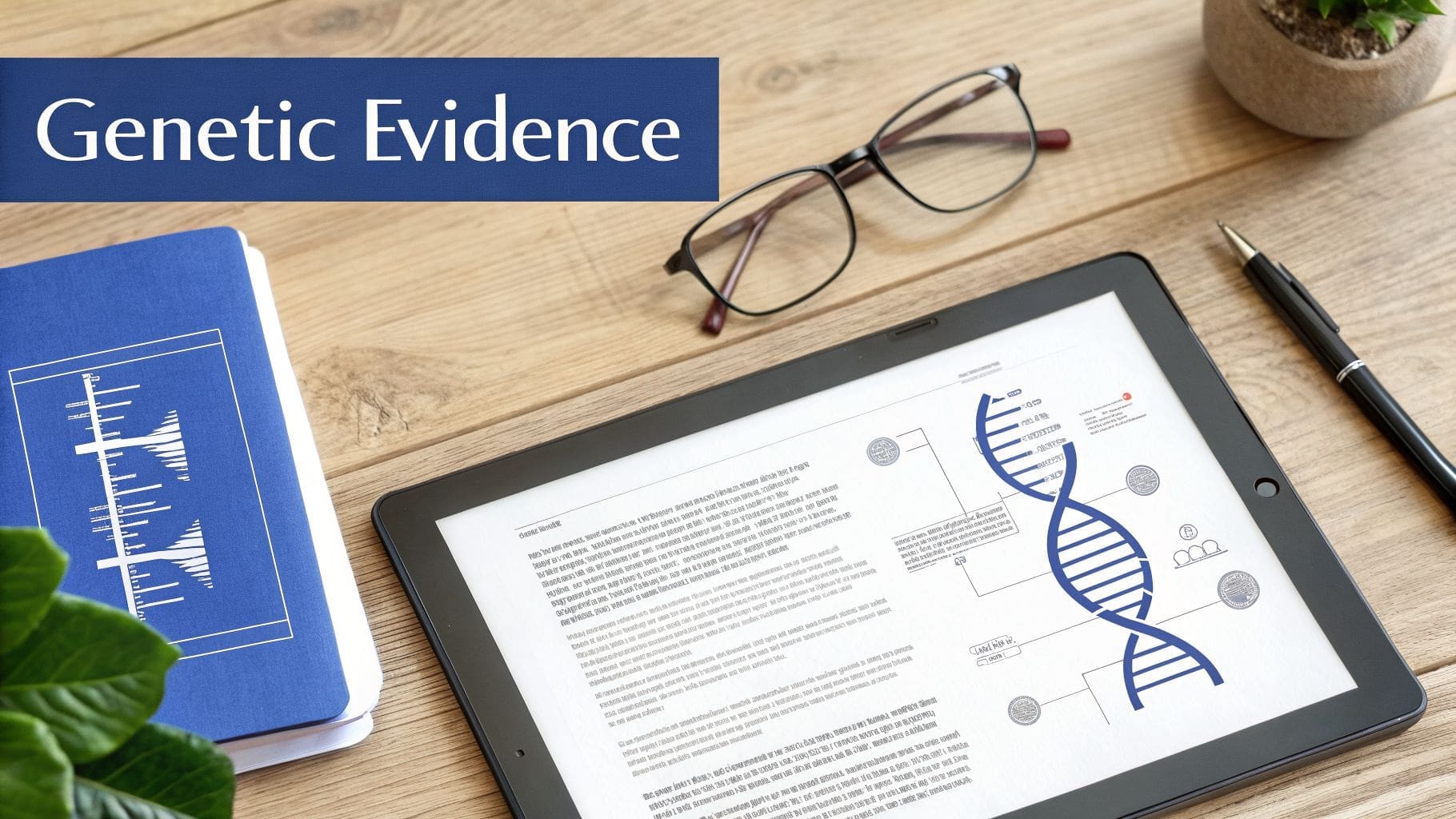 A desk with a blue banner displaying 'Genetic Evidence', a tablet showing a DNA graphic, glasses, a pen, and a notebook.