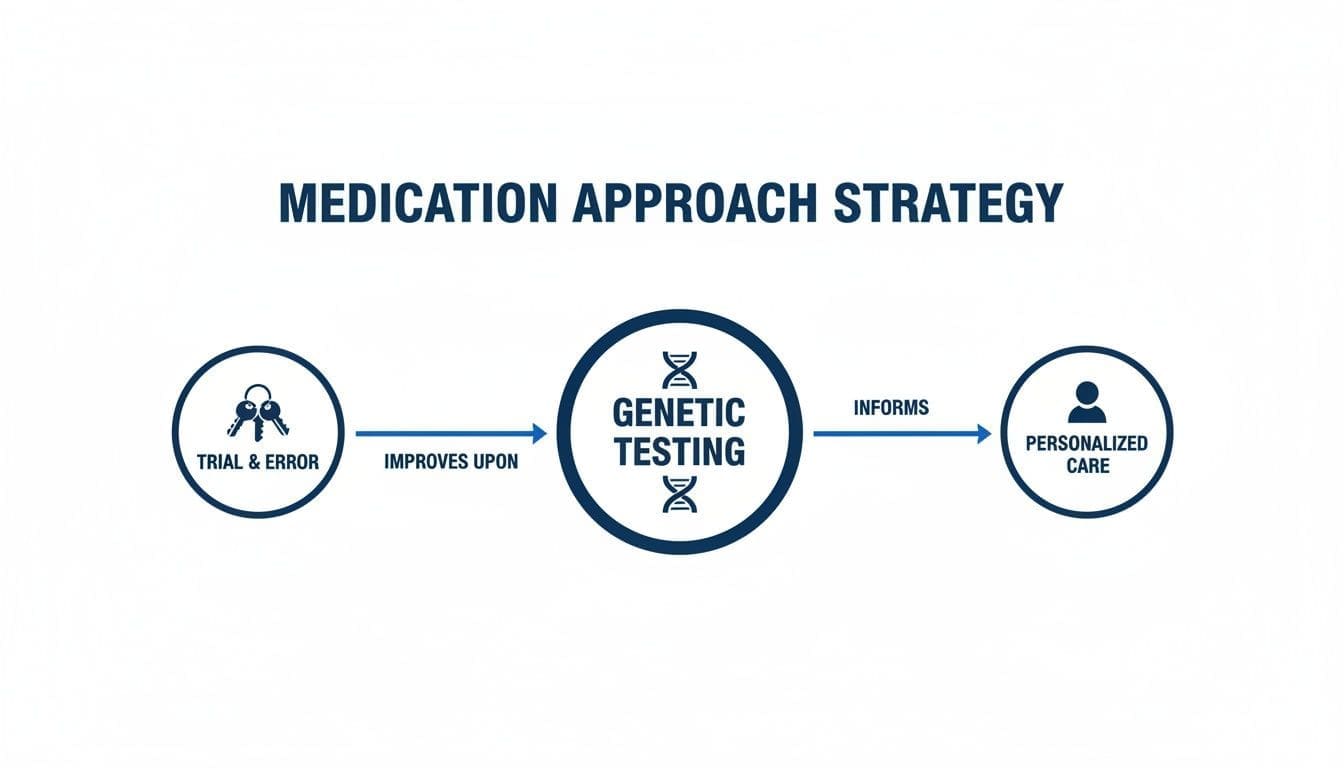 Flowchart illustrating how genetic testing improves medication strategies, moving from trial and error to personalized care.