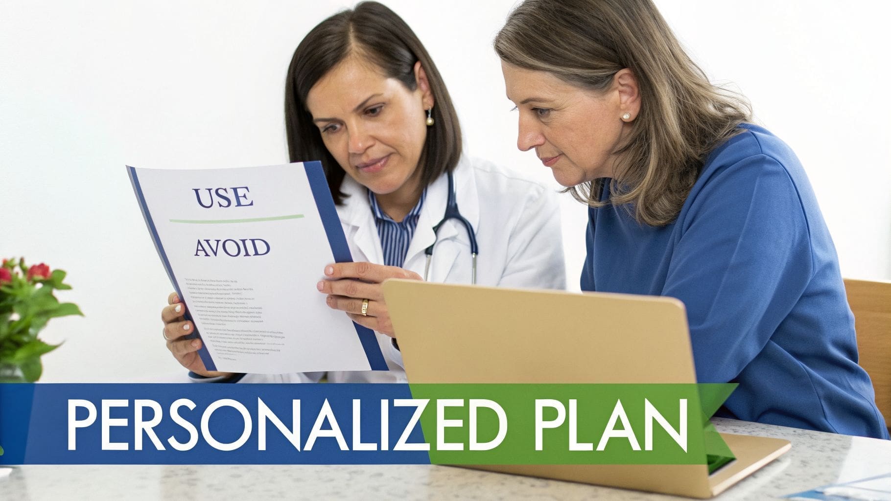 A doctor and patient review a personalized health plan document titled 'USE AVOID' with a laptop.