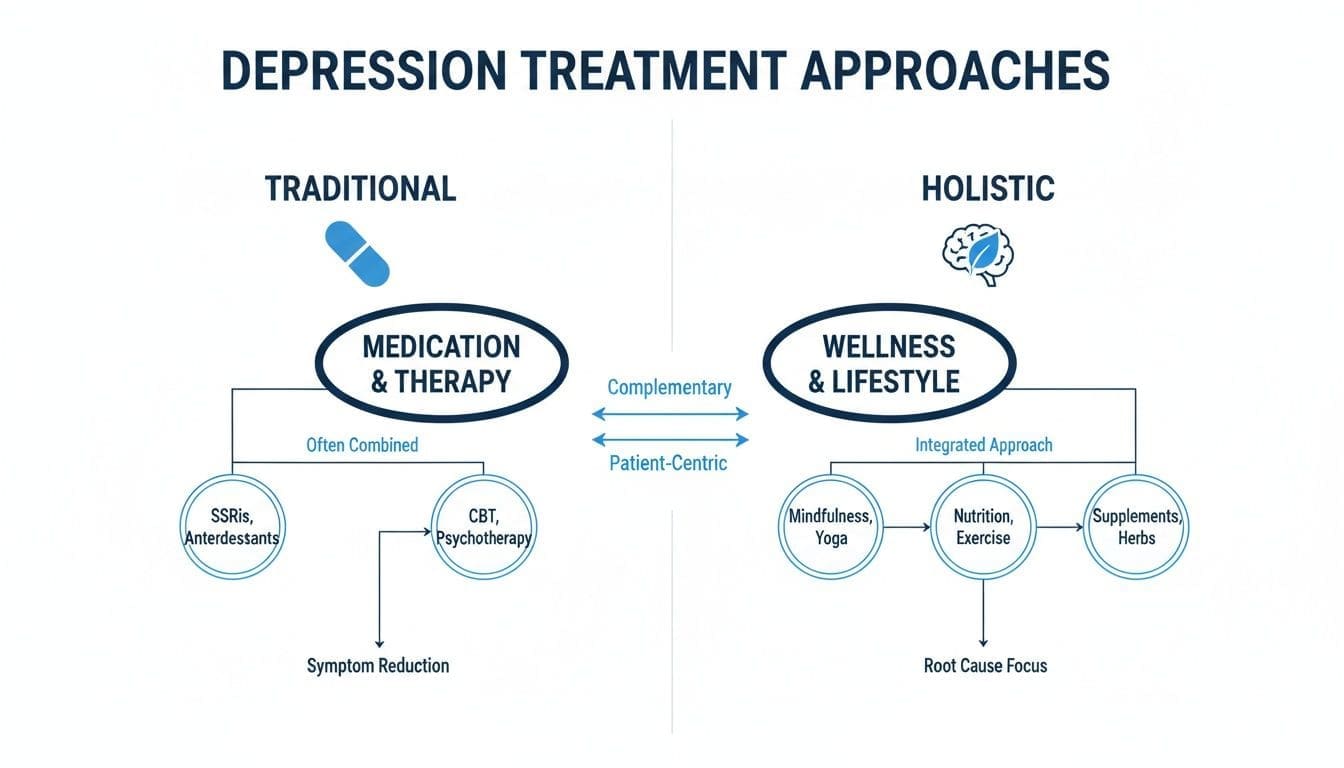 Infographic comparing traditional and holistic approaches to depression treatment, including medication, therapy, wellness, and lifestyle.