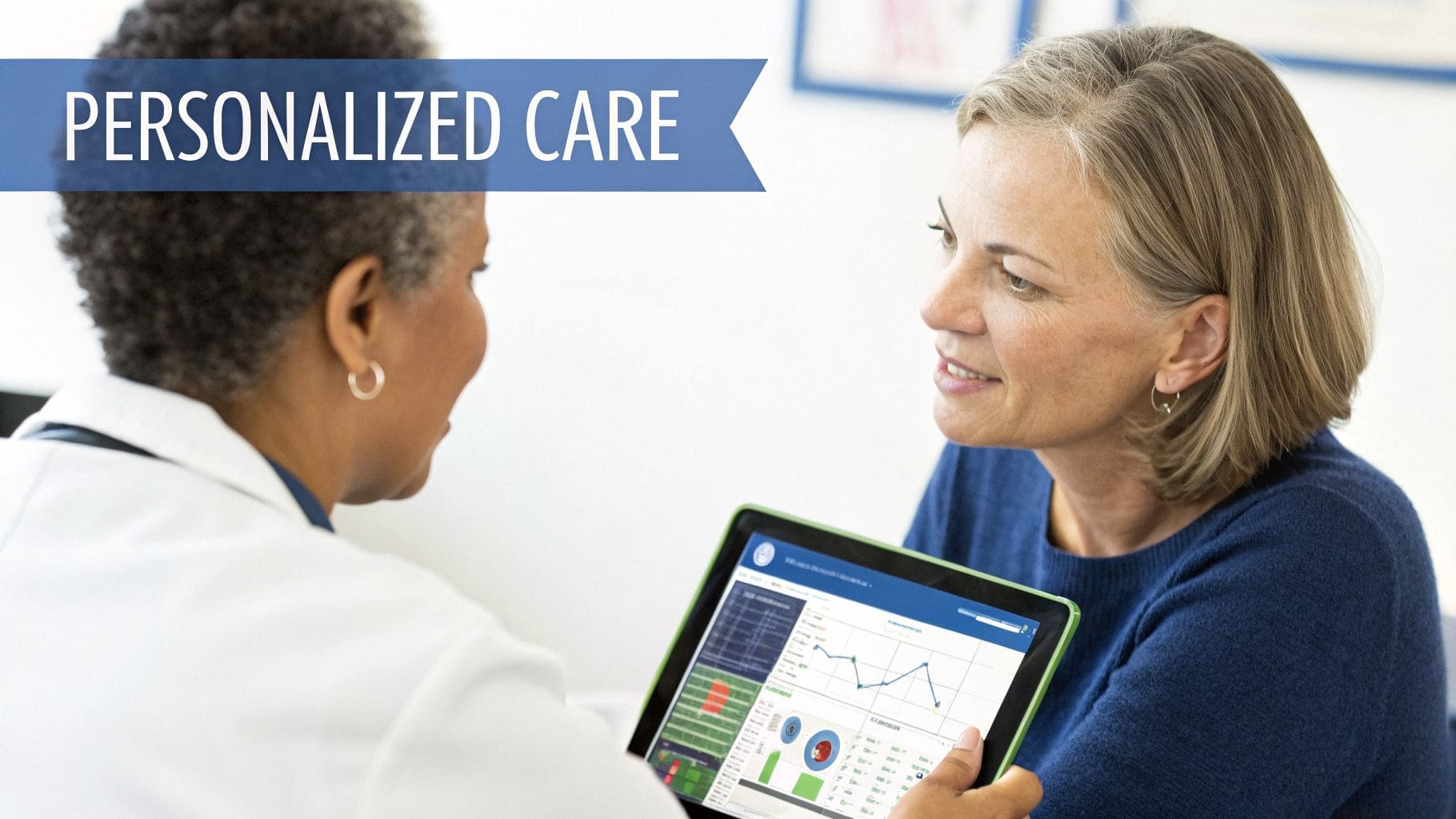 A doctor in a white coat shows a patient personalized health data on a tablet.