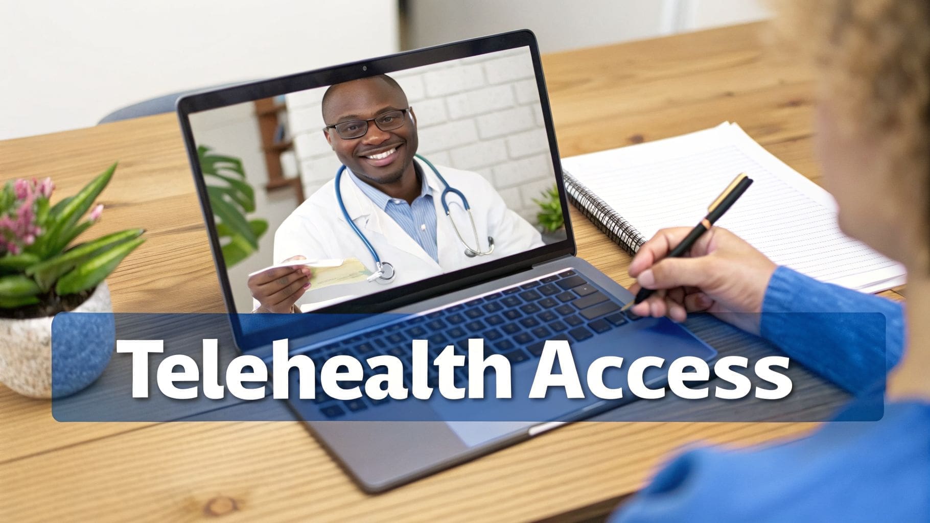 Telehealth Access: A person connects with a smiling doctor via video call on a laptop, writing notes.