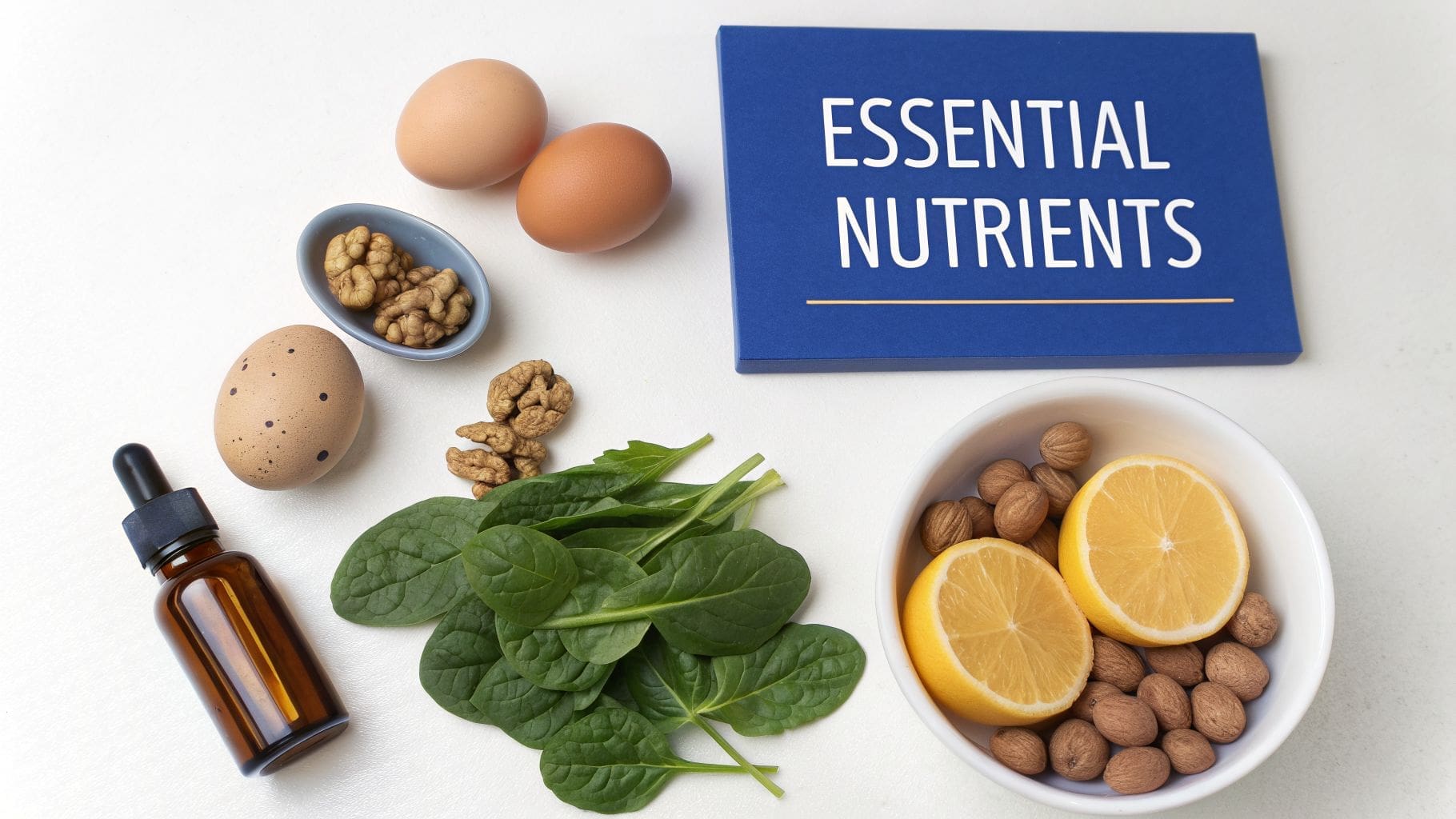 Various essential nutrients like eggs, walnuts, spinach, lemon, and a dropper bottle on a white surface.