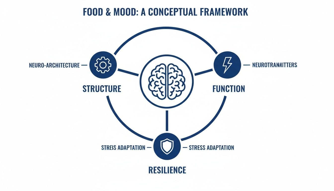 Conceptual framework illustrating food and mood's impact on brain structure, function, and resilience.