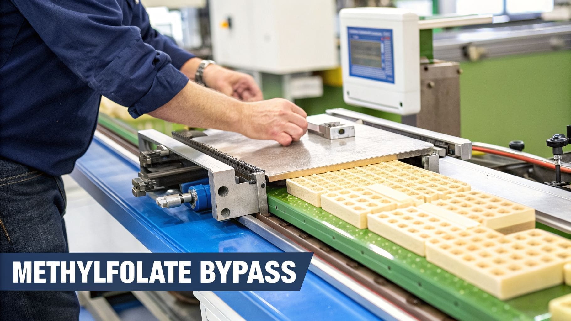 A person works on a production line, adjusting components on a conveyor belt with trays of materials.