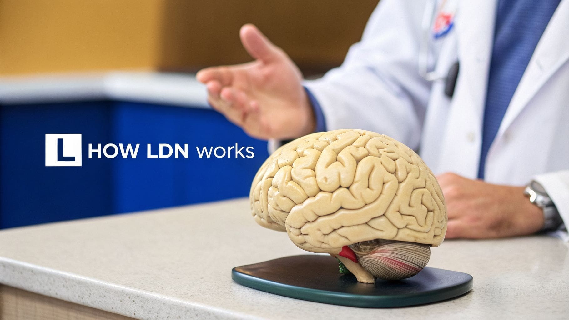 Doctor gesturing towards a human brain model on a counter, with text 'HOW LDN works'.