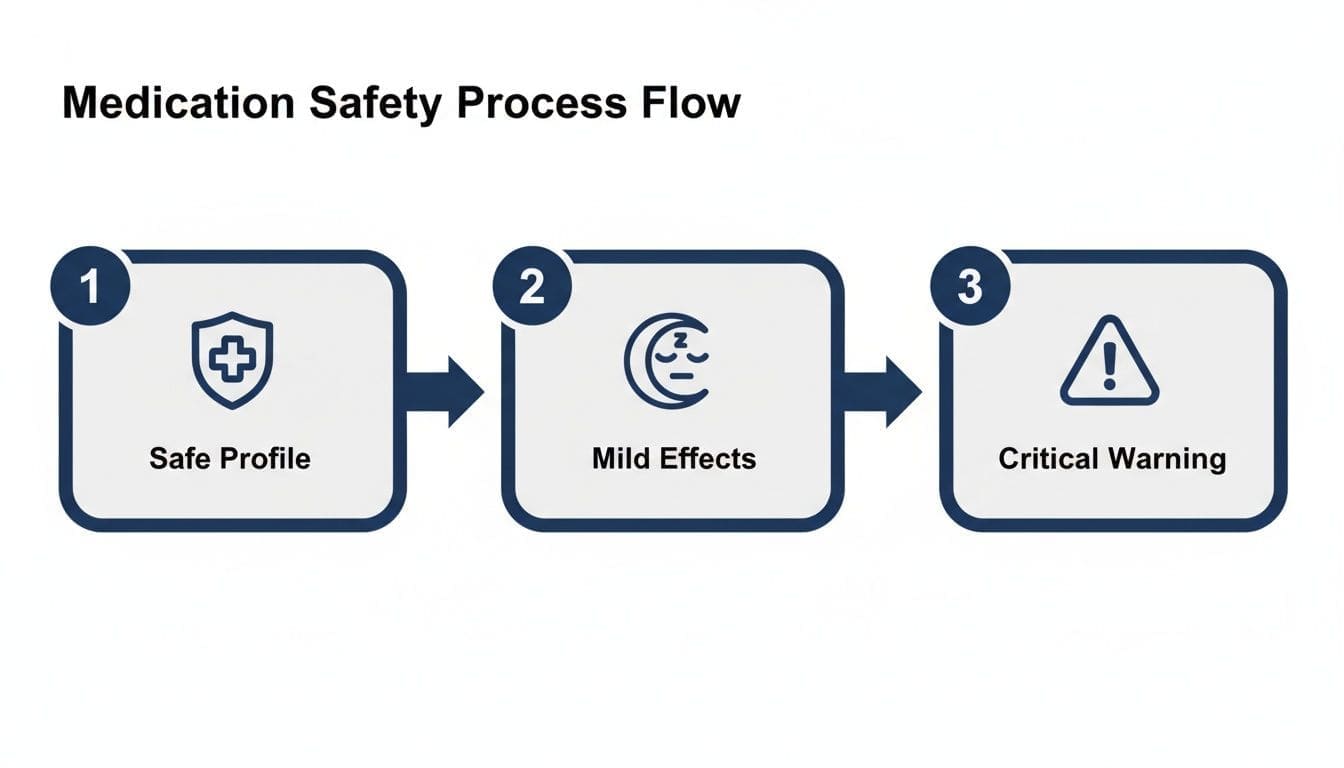 Medication safety process flow illustrating steps: Safe Profile, Mild Effects, and Critical Warning.
