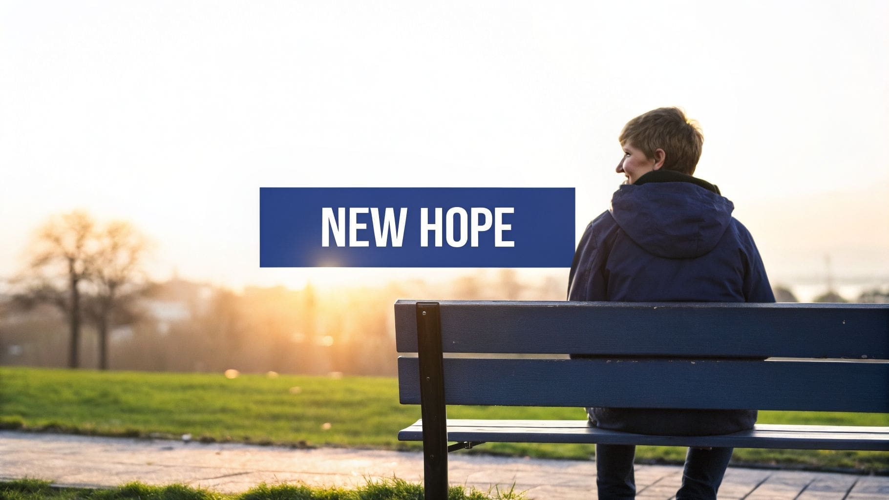 A person sits on a park bench, looking towards a beautiful sunset with a 'NEW HOPE' banner.