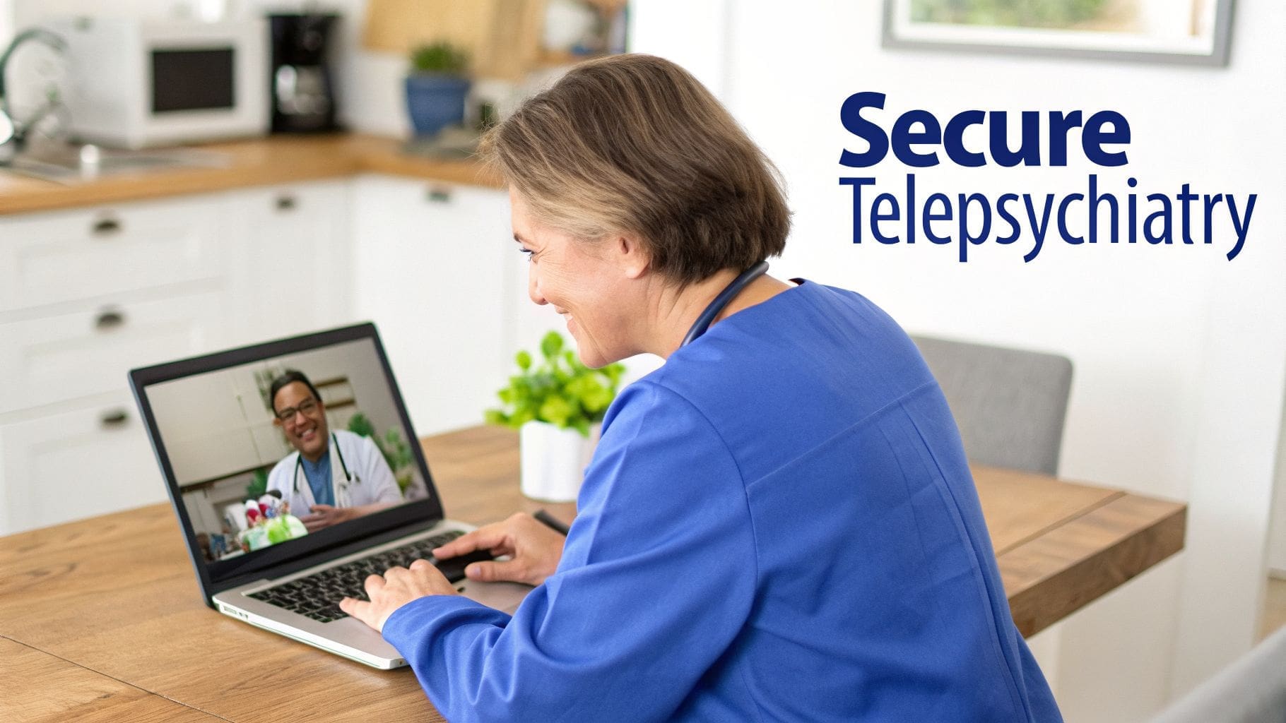 Smiling female clinician consults a male doctor via secure online telepsychiatry.