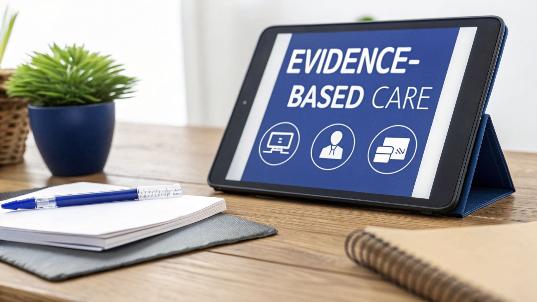 A tablet on a wooden desk displays 'EVIDENCE-BASED CARE' with digital icons, next to a pen and notepad.
