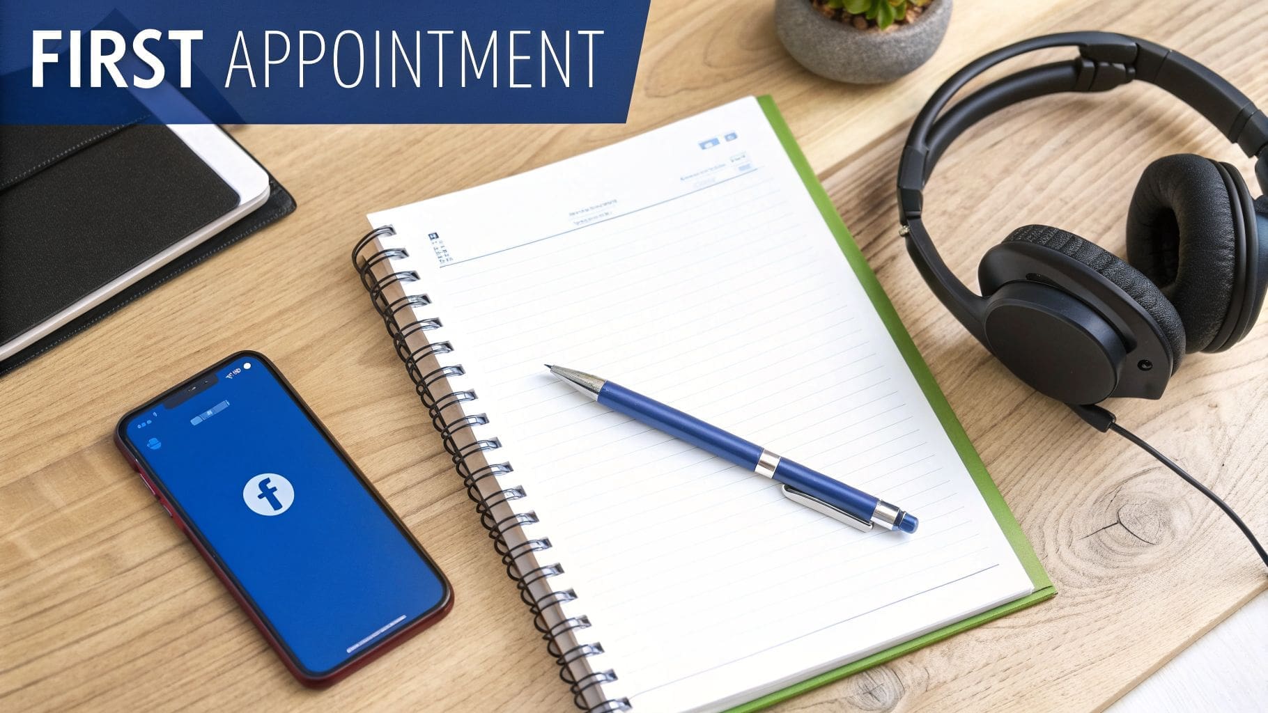 A desk setup with a phone showing Facebook, a notebook, pen, and headphones, with 'FIRST APPOINTMENT' banner.