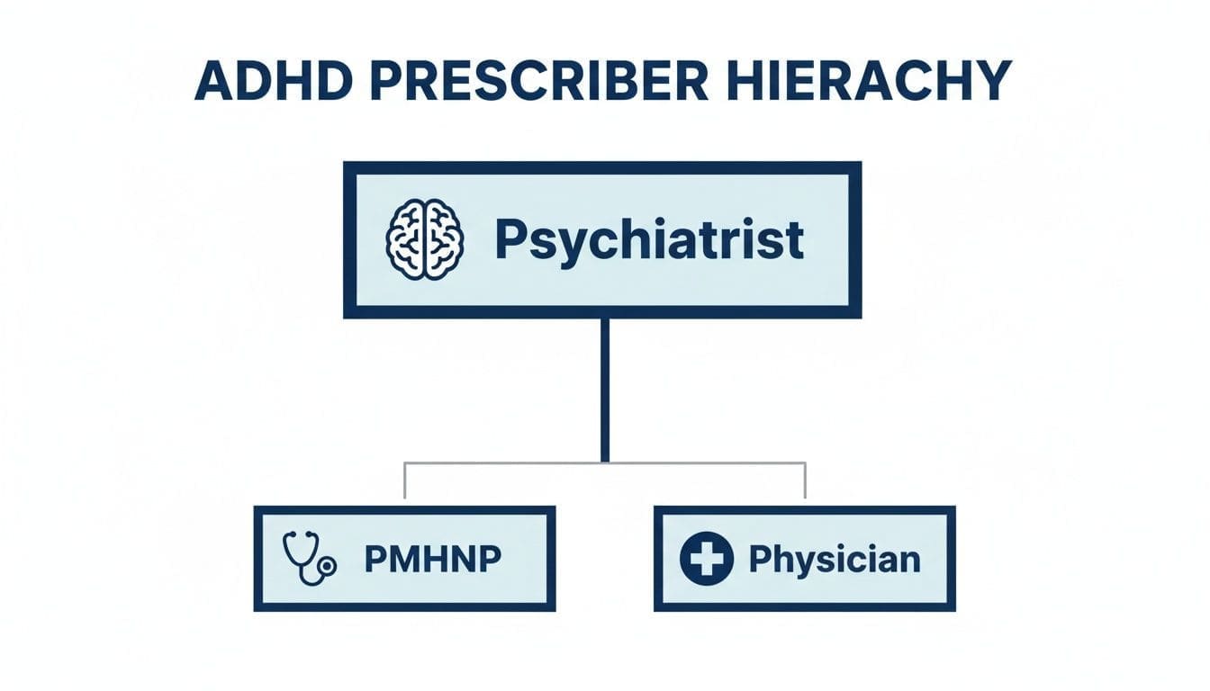 A hierarchical chart shows ADHD prescribers: Psychiatrist at the top, followed by PMHNP and Physician.