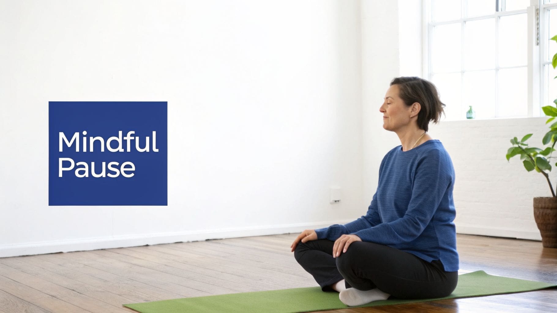 A woman with her eyes closed, sitting cross-legged on a yoga mat, next to a 'Mindful Pause' sign.