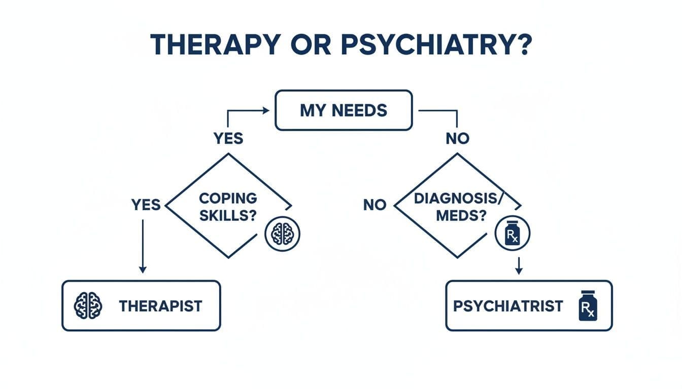 Flowchart guiding the decision between seeing a therapist or a psychiatrist based on personal needs.