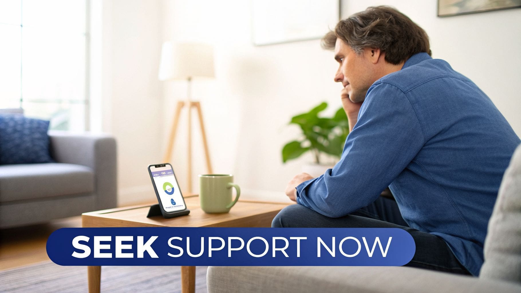 A man sits on a couch, looking at a smartphone with a chart, next to a mug, with 'SEEK SUPPORT NOW' overlay.