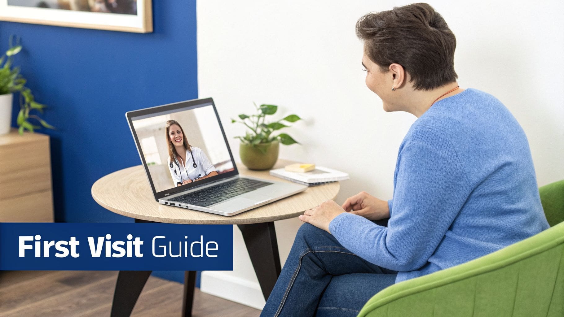 A woman smiles while on a video call with a female doctor on her laptop, with 'First Visit Guide' text.