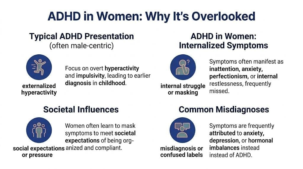 An infographic detailing why ADHD is often overlooked in women compared to typical male-centric presentations.