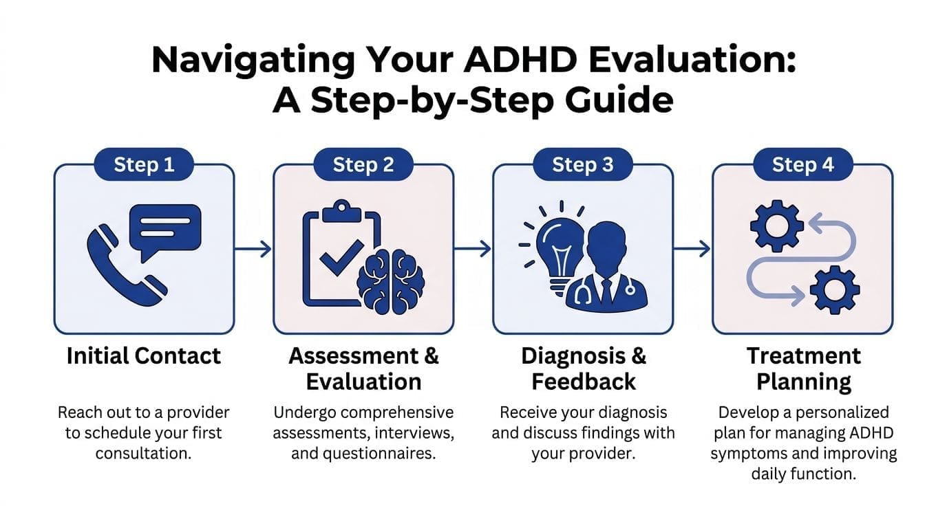 A four-step infographic illustrating the process of navigating an ADHD evaluation for diagnosis and treatment planning.
