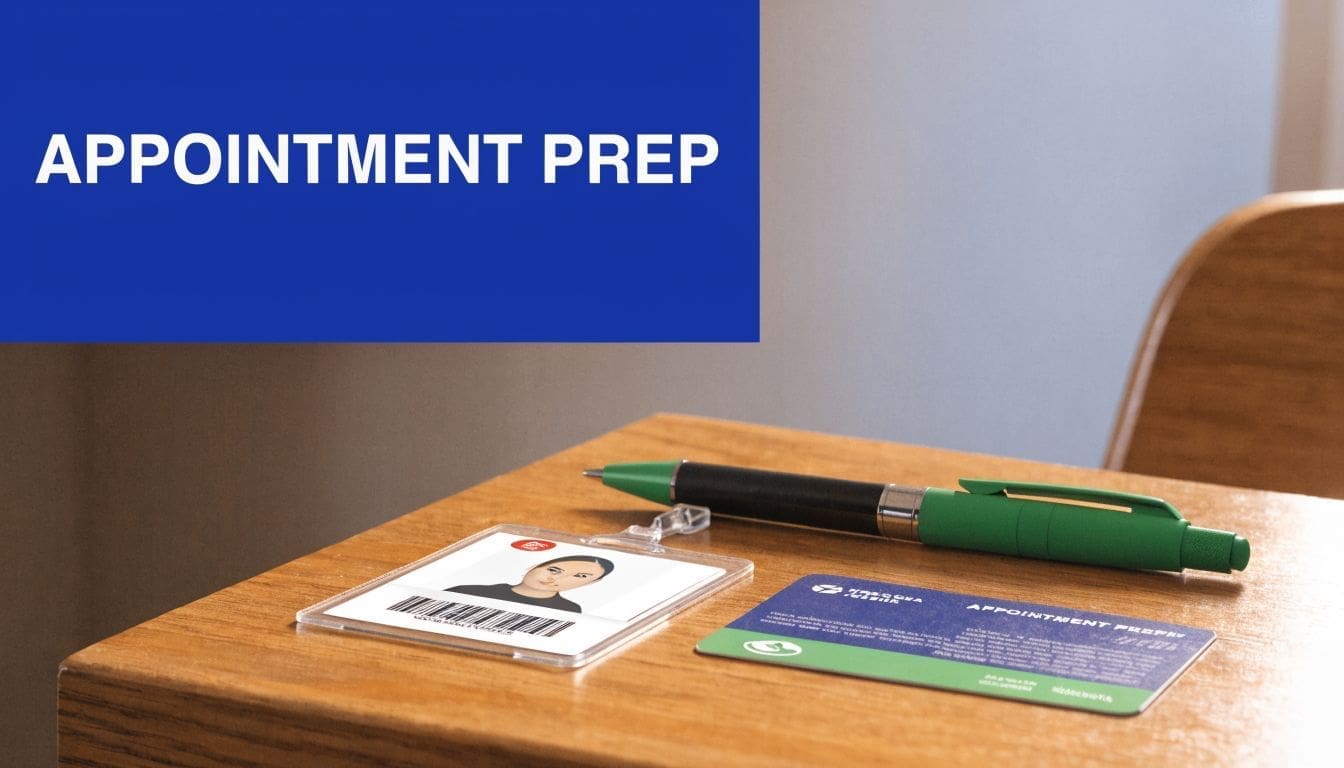 A pen and an identification badge with appointment details resting on a wooden surface.