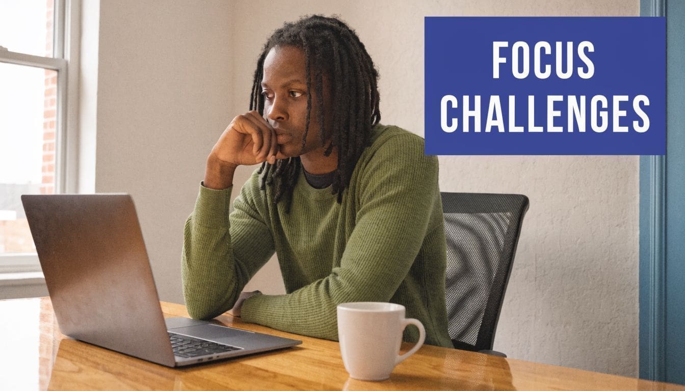 A man with dreadlocks sitting at a desk looking frustrated while working on his laptop computer.