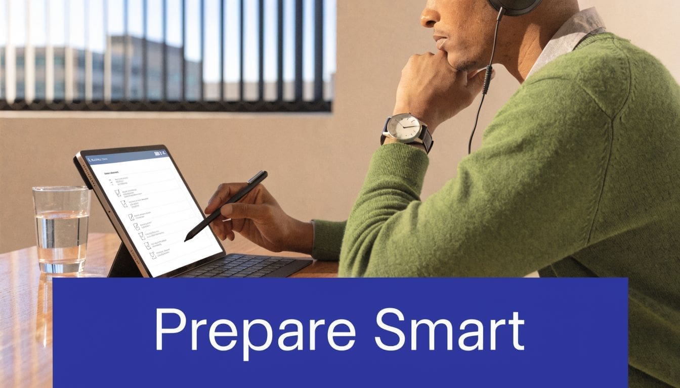 A man wearing headphones uses a stylus on a tablet screen to complete an assessment.