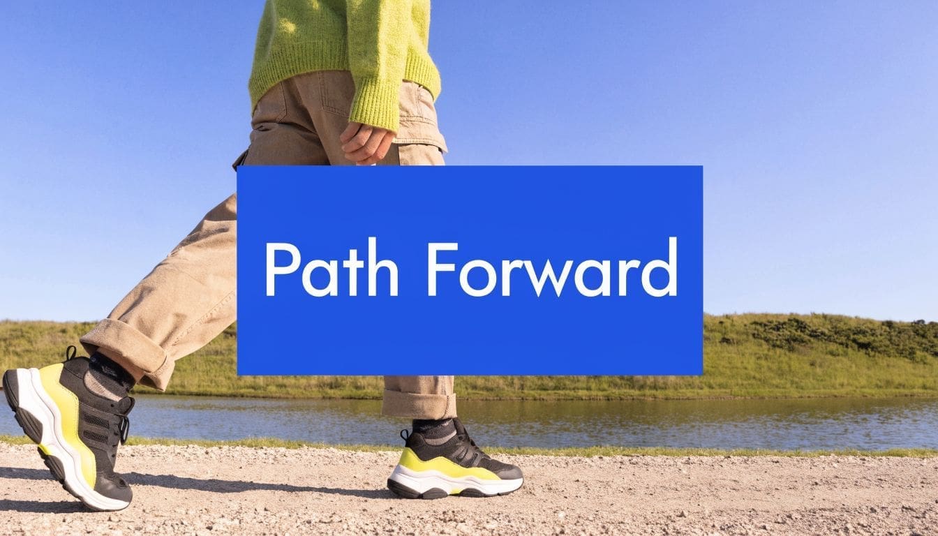 A person wearing a lime green sweater walking outdoors on a gravel path near a body of water.