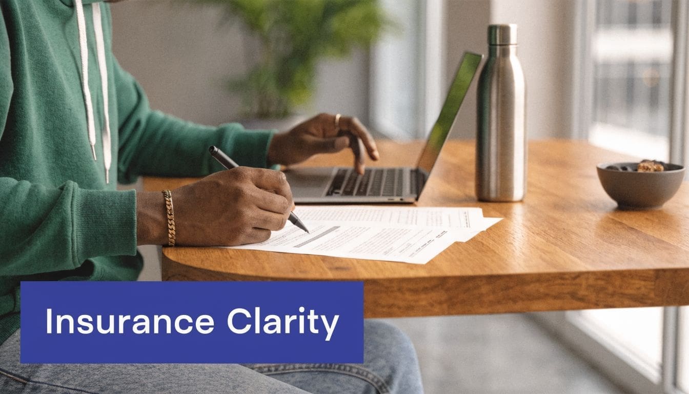 A person wearing a green hoodie sitting at a desk reviewing insurance documents with a laptop.