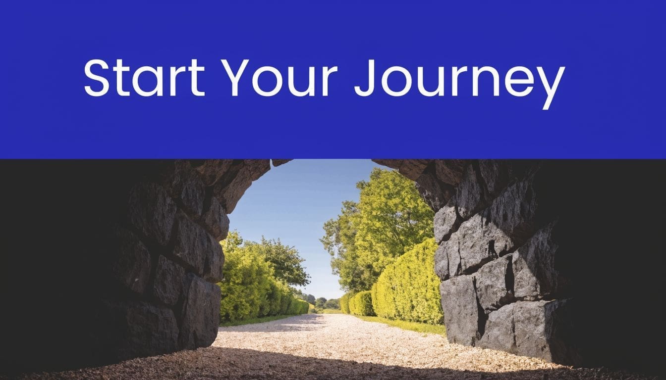 A scenic gravel pathway leading through a stone archway into a sunlit garden under a clear sky.
