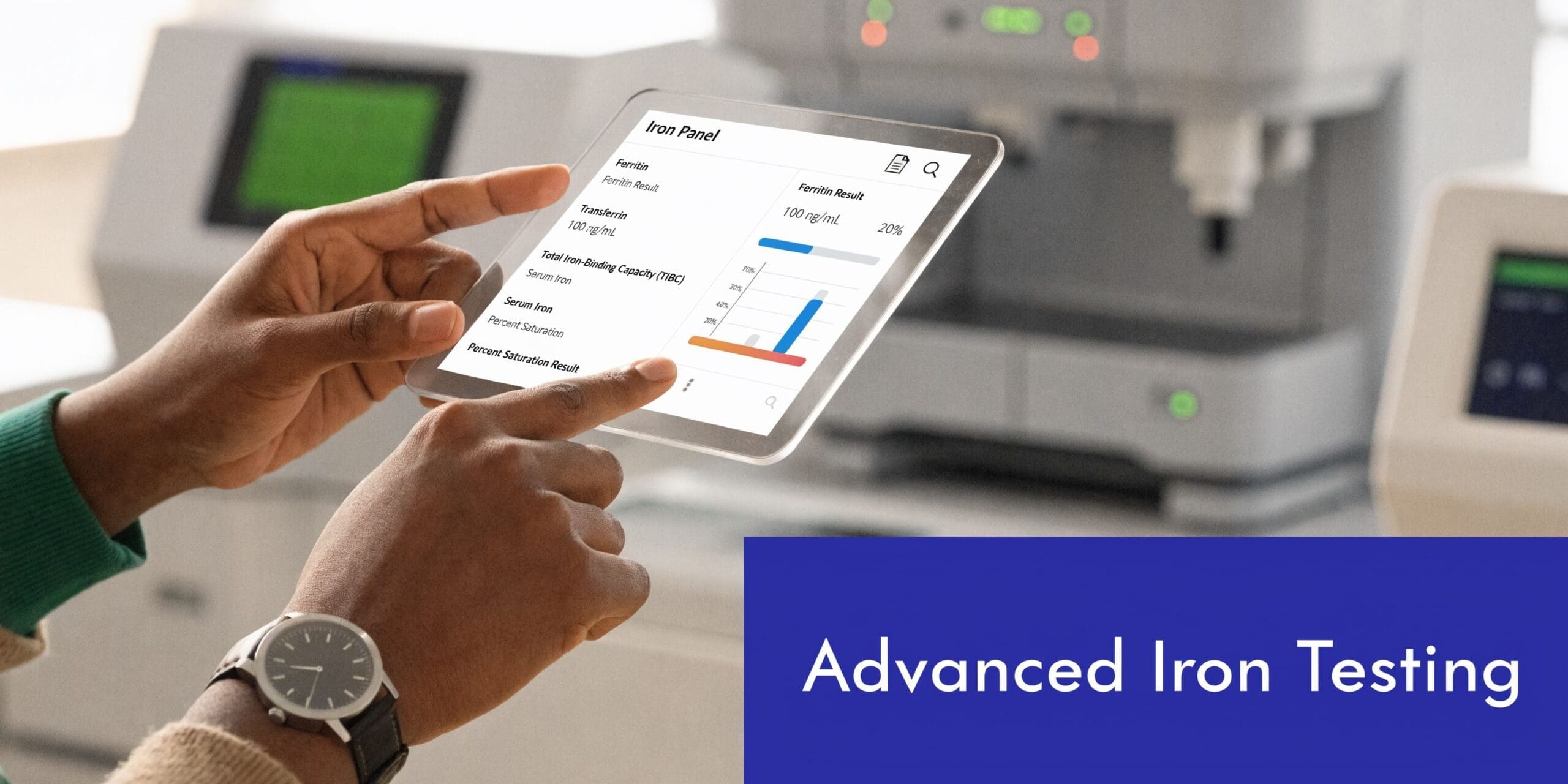 A medical professional reviews an iron panel blood test report on a digital tablet in a lab.