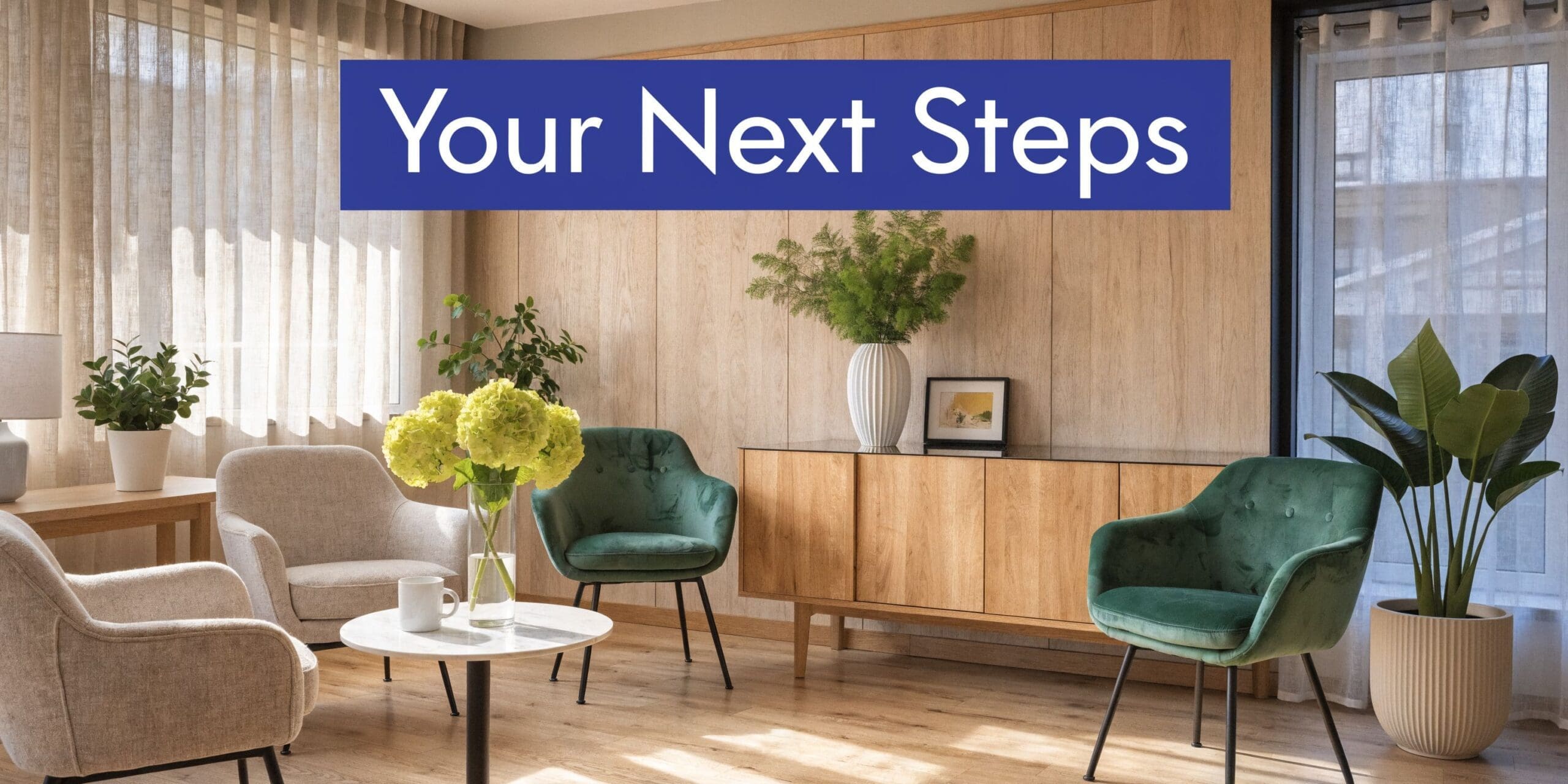 A modern, bright living room interior featuring comfortable armchairs, wooden cabinetry, and various potted indoor plants.