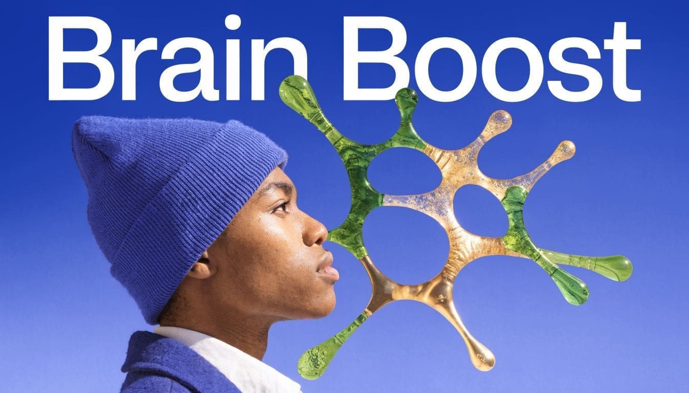 A young man wearing a blue beanie looking toward a stylized abstract molecule design against a blue background.