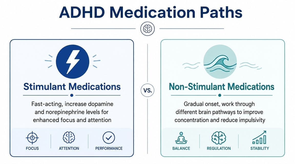 A comparison infographic showing the differences between stimulant and non-stimulant medication paths for ADHD treatment.