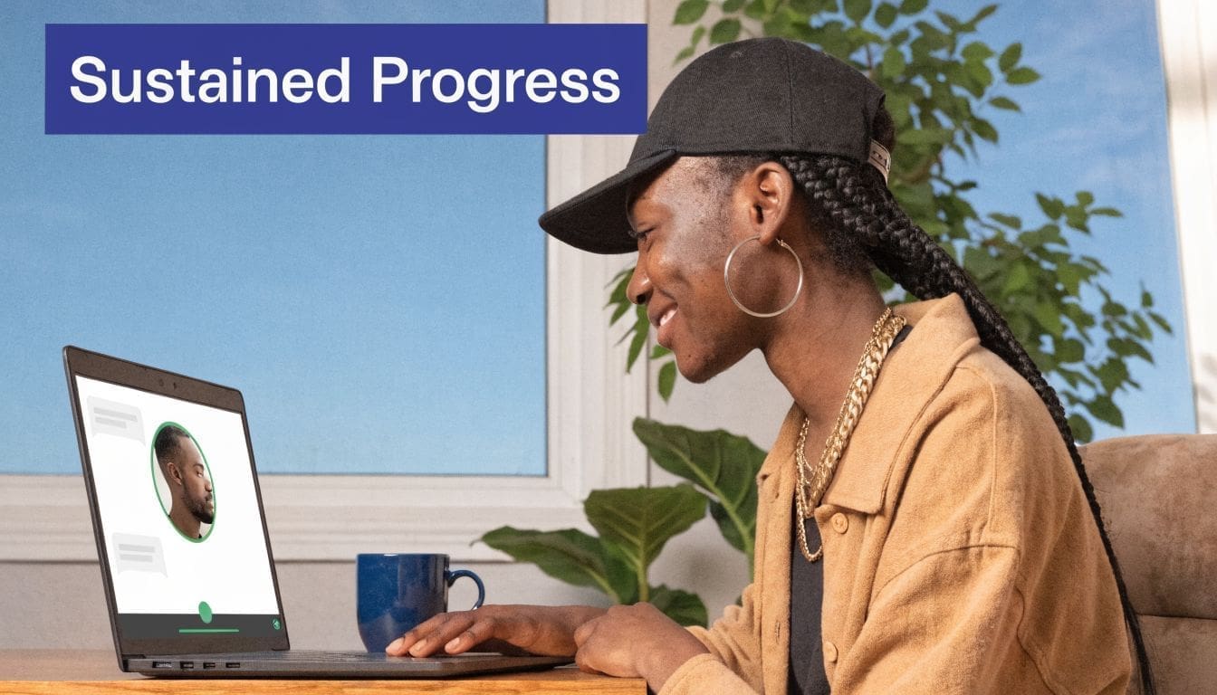 A person with braided hair and a cap using a laptop for an online therapy session.