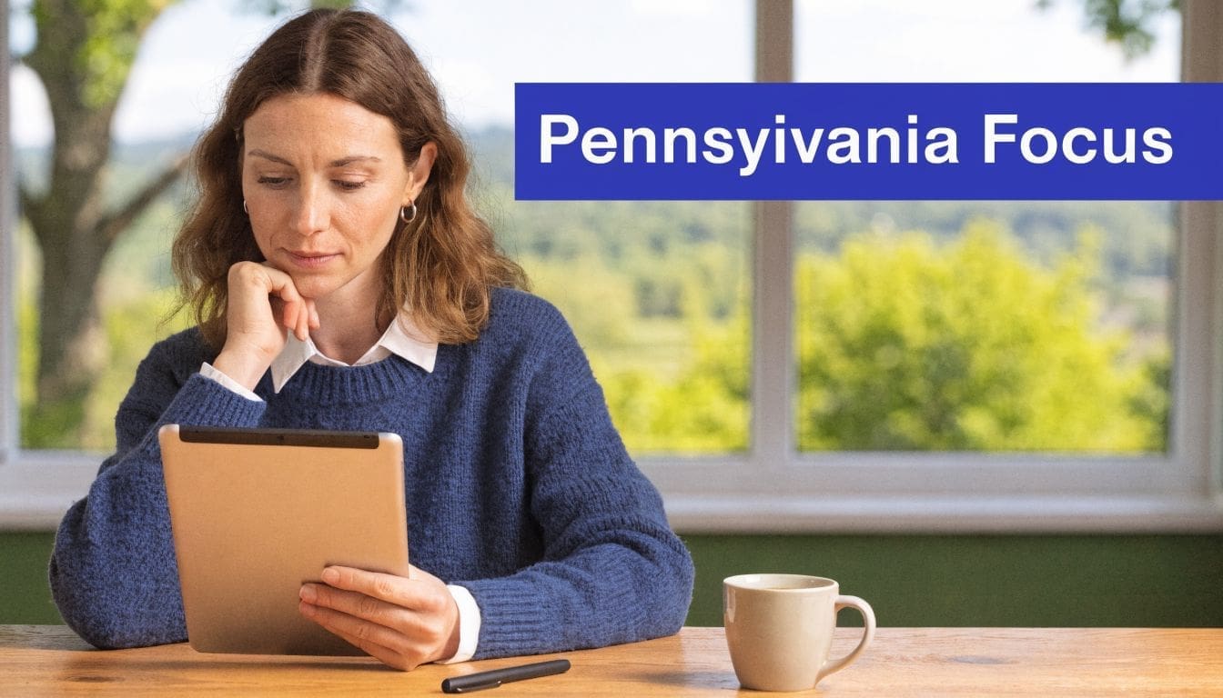 A woman sitting at a desk with a tablet, a coffee mug, and a pen nearby.