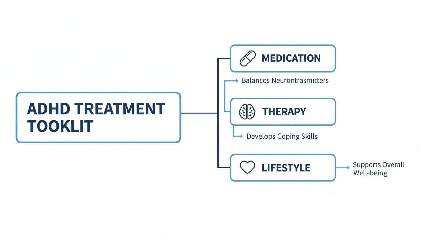 A flowchart outlining the ADHD treatment toolkit: medication, therapy, and lifestyle approaches.