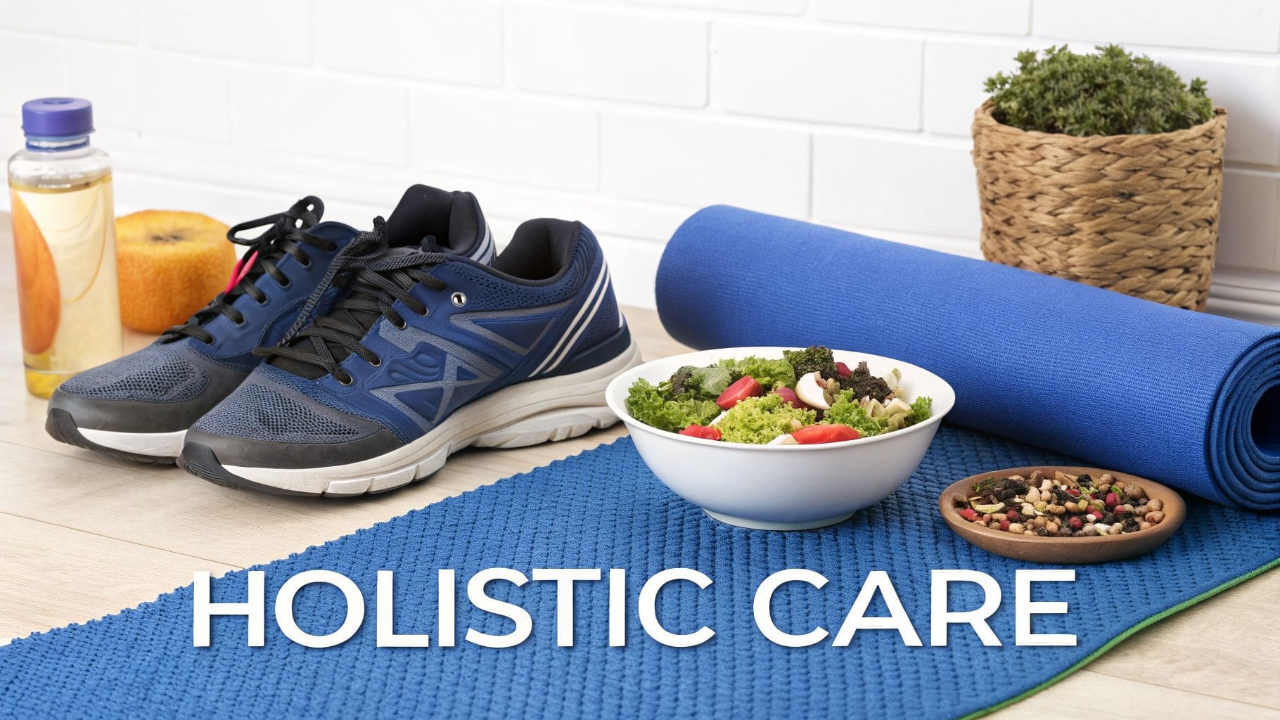 A blue yoga mat, running shoes, healthy salad, and water for holistic care and wellness.