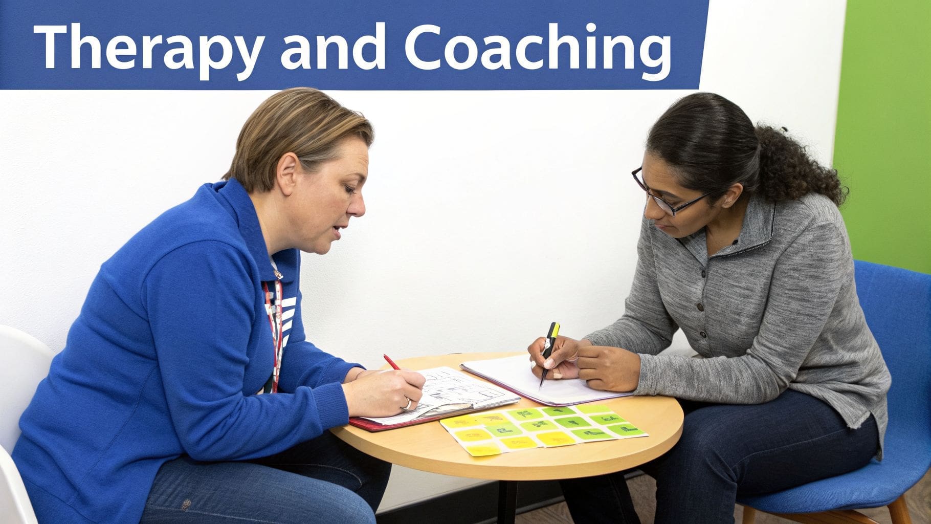 Two women actively participate in a therapy or coaching session, writing at a table with visual aids.