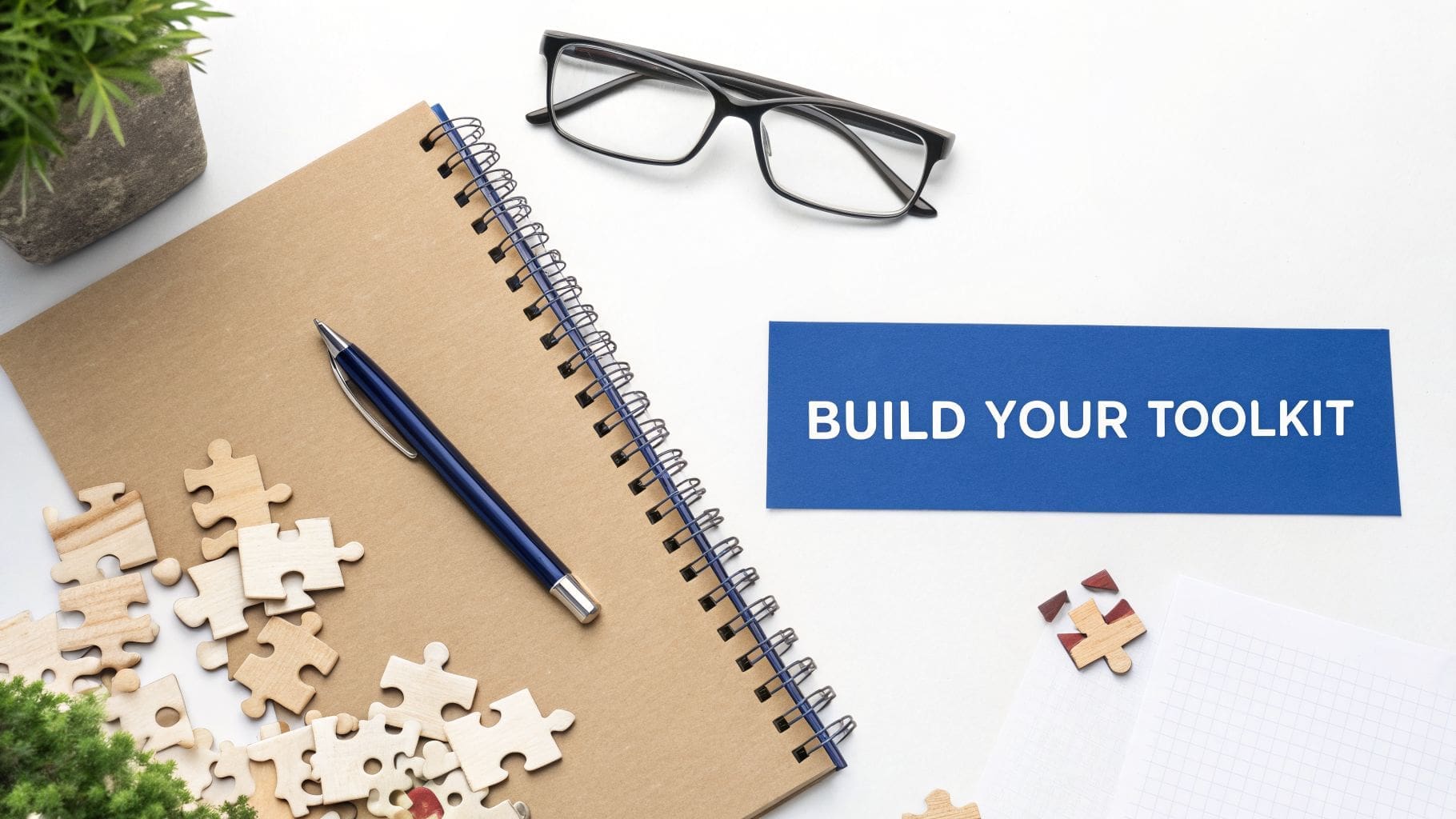Flat lay of a desk with a notebook, pen, glasses, plant, scattered puzzle pieces, and a 'BUILD YOUR TOOLKIT' card.