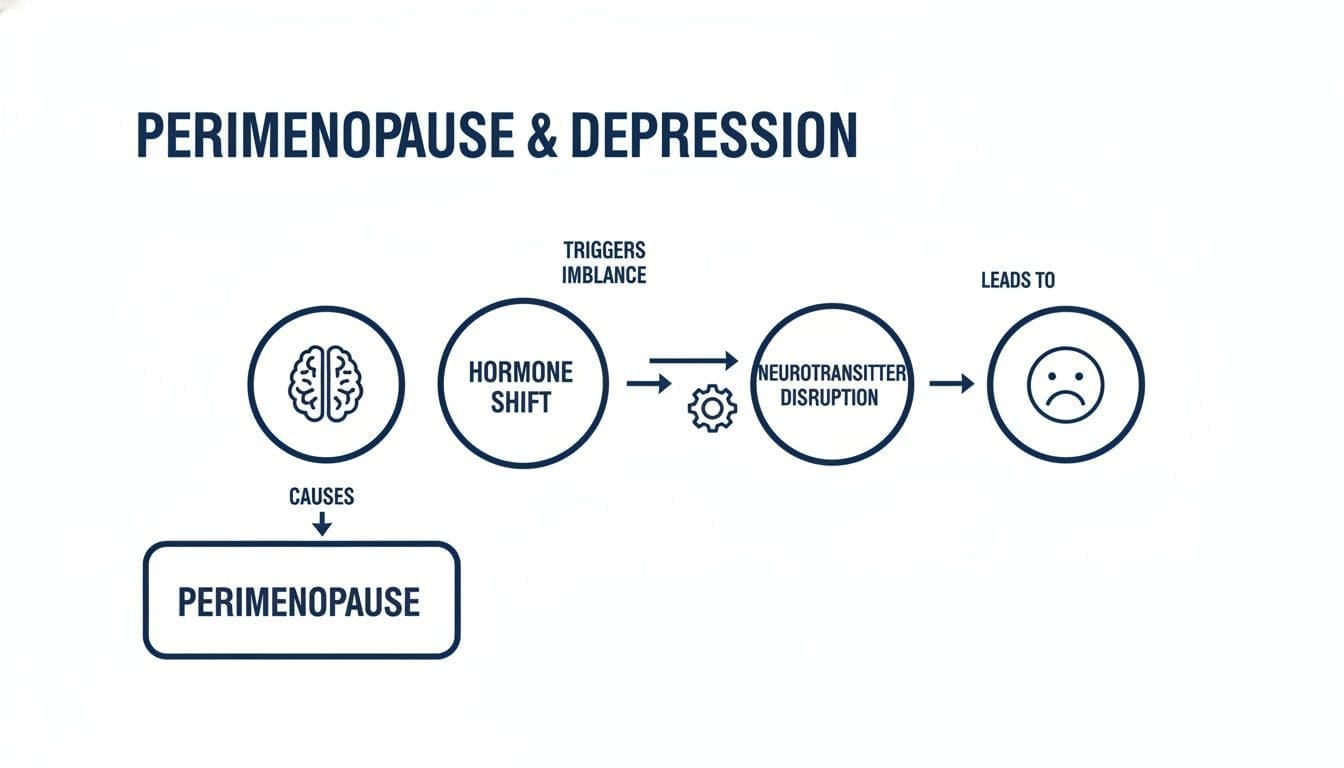 Flowchart detailing the link between perimenopause, hormone shifts, and depression.