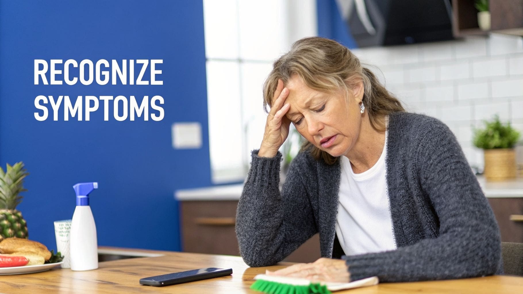 A distressed woman sits at a kitchen table, holding her forehead, with text 'RECOGNIZE SYMPTOMS'.