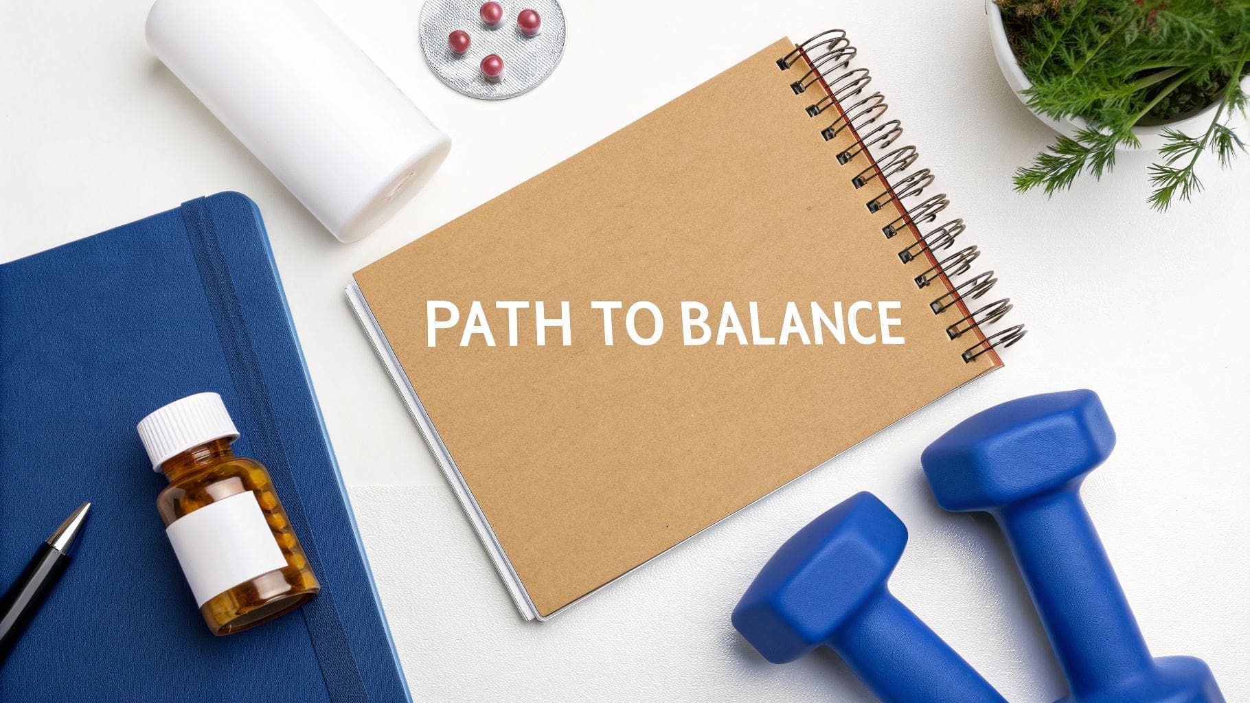 Overhead view of a desk with a 'PATH TO BALANCE' notebook, dumbbells, and health supplies.