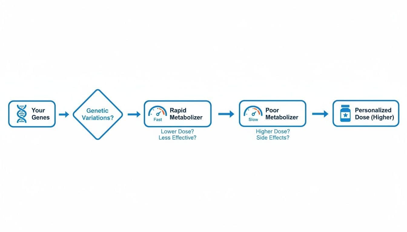 Flowchart showing how genetic variations influence drug metabolism for personalized medicine.