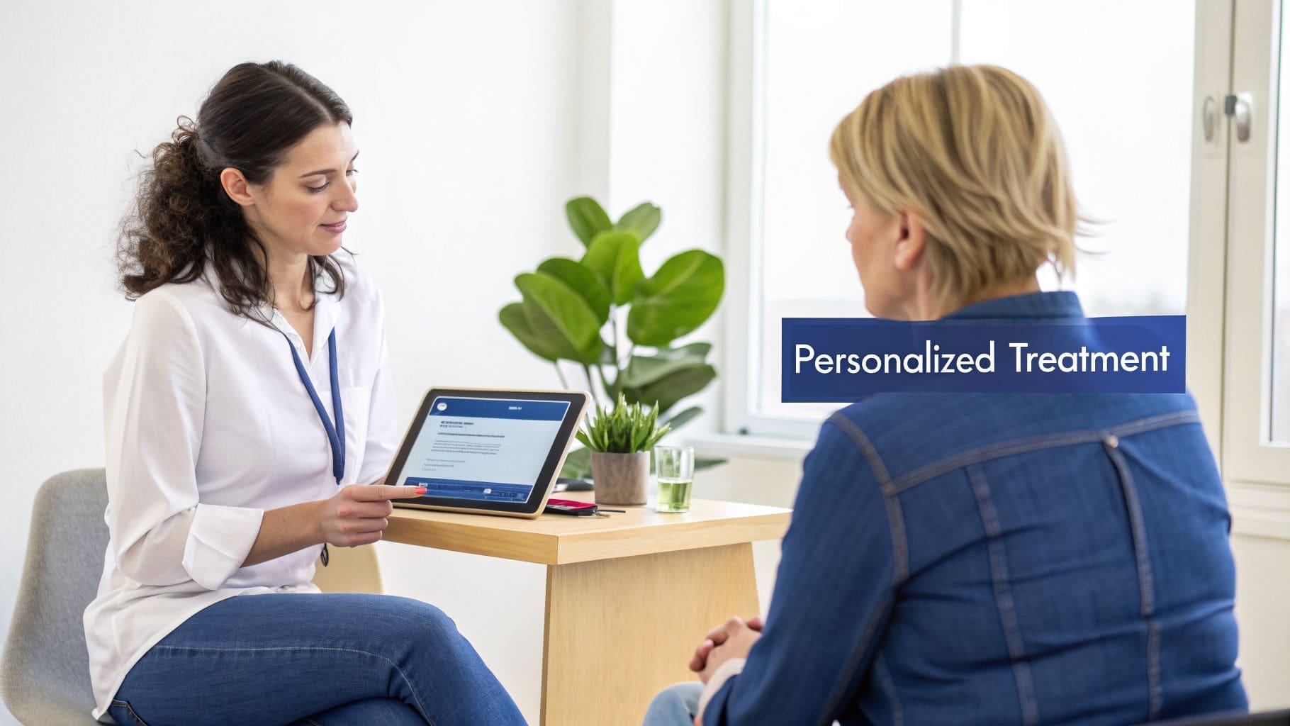 A healthcare professional explains personalized treatment options on a tablet to a female patient.