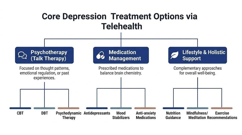 A diagram outlining core depression treatment options via telehealth, including psychotherapy, medication management, and lifestyle support.